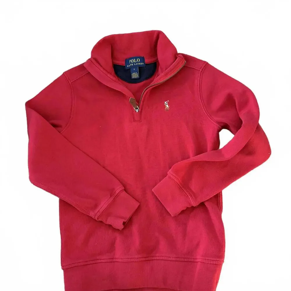 POLO RALPH LAUREN Boys Red Cotton Quarter Zip Leather‎ pull SZ 5 Luxury Preppy